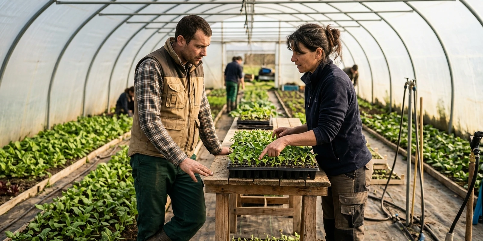 CAP agricole pour adulte : reconversion, CFPPA et CPF Femme et homme adultes en tenue horticole échangeant des conseils techniques autour de plants sous serre