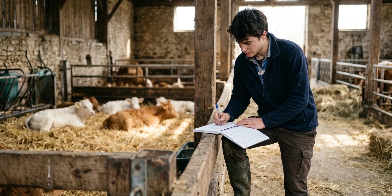 Apprenti en salopette agricole muni d'un bloc-notes observant le comportement d'un veau en case individuelle